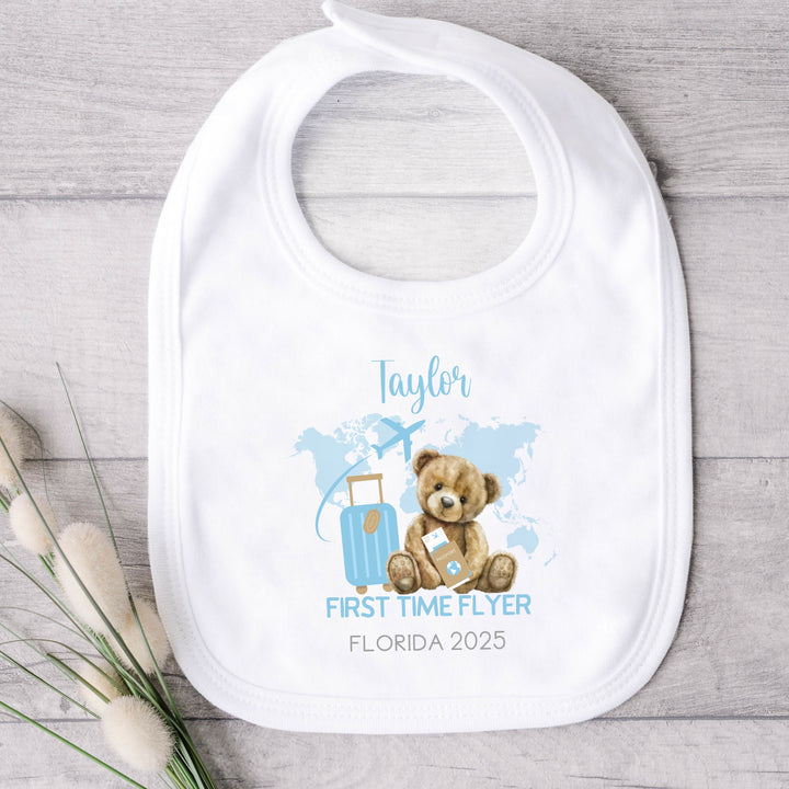 Personalised Blue Teddy First Time Flyer Baby Vest/T-shirt