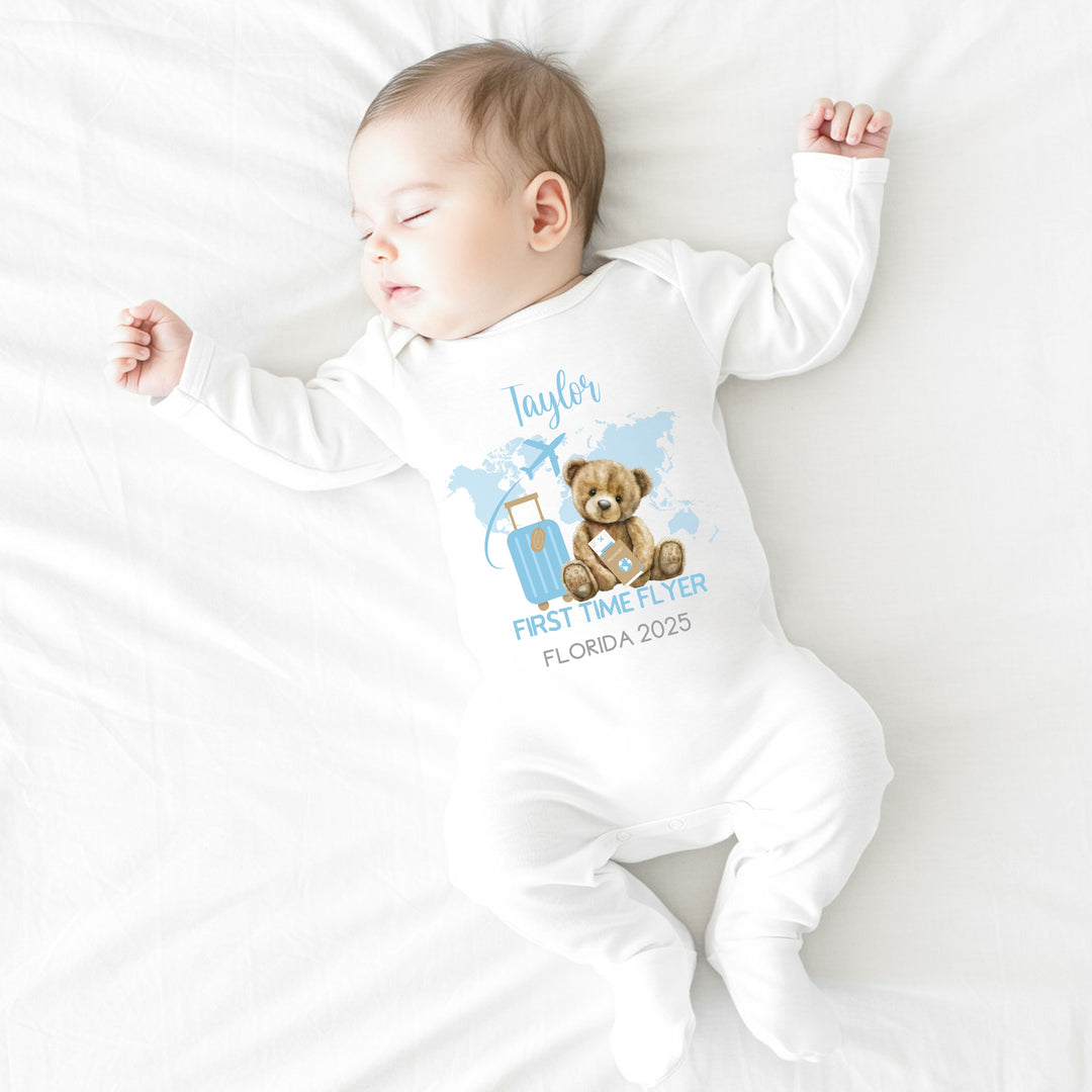 Personalised Blue Teddy First Time Flyer Baby Vest/T-shirt