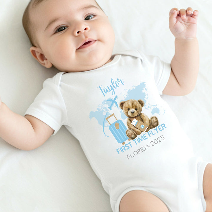 Personalised Blue Teddy First Time Flyer Baby Vest/T-shirt