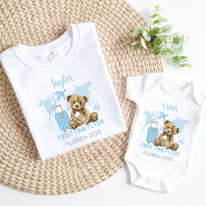 Personalised Blue Teddy First Time Flyer Baby Vest/T-shirt
