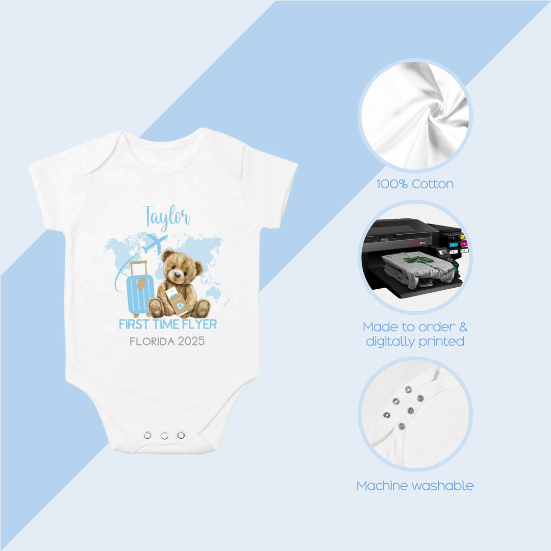 Personalised Blue Teddy First Time Flyer Baby Vest/T-shirt