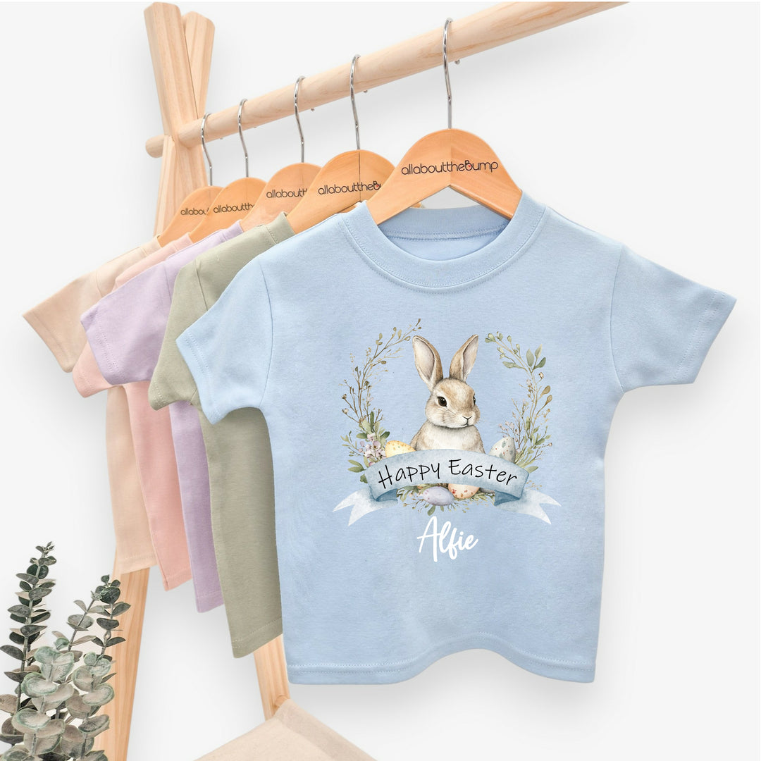 Personalised Blue Bunny Wreath Easter T-shirt