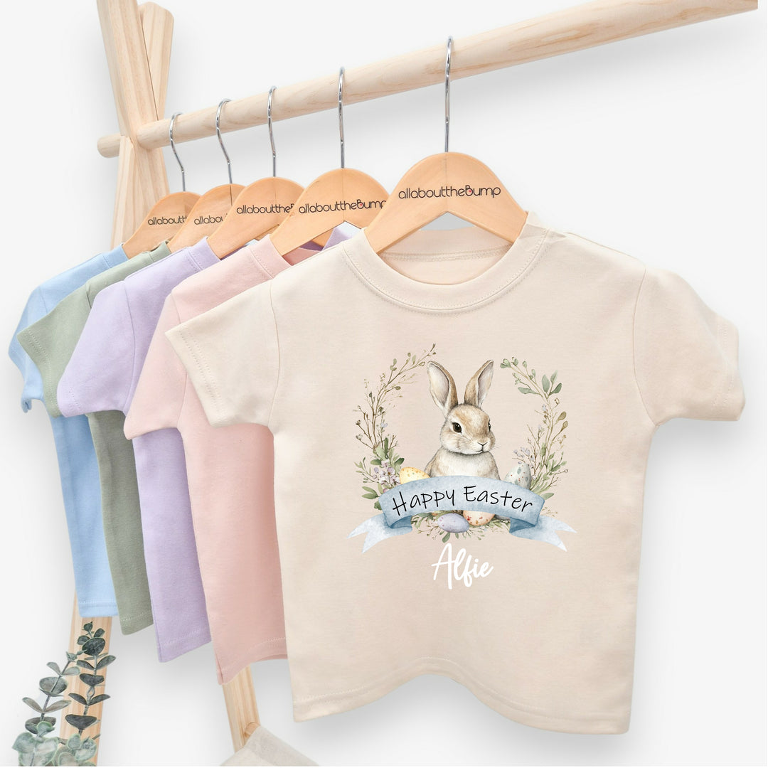 Personalised Blue Bunny Wreath Easter T-shirt