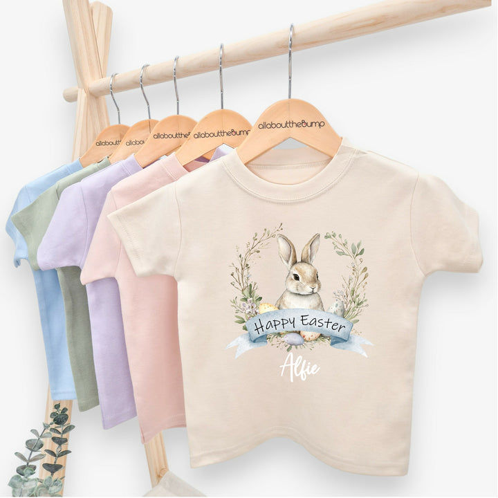 Personalised Blue Bunny Wreath Easter T-shirt