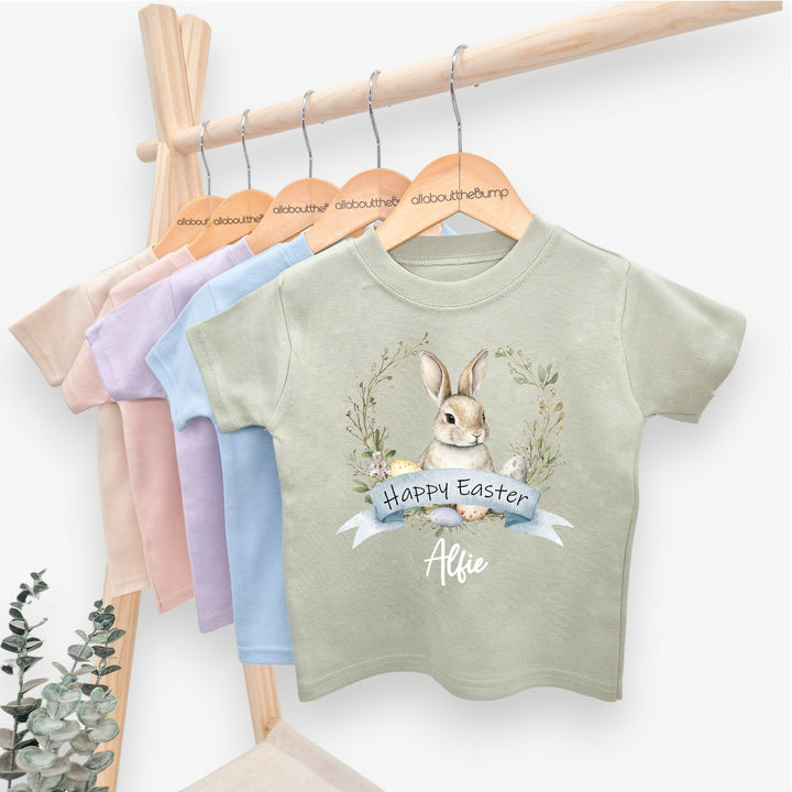 Personalised Blue Bunny Wreath Easter T-shirt