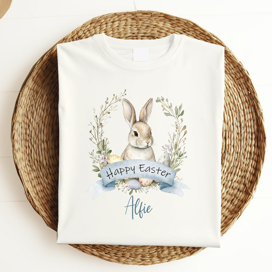 Personalised Blue Bunny Wreath Easter T-shirt
