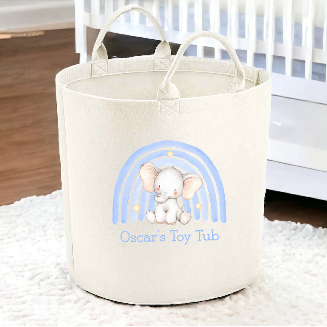 Personalised Blue Elephant Rainbow Toy Tub