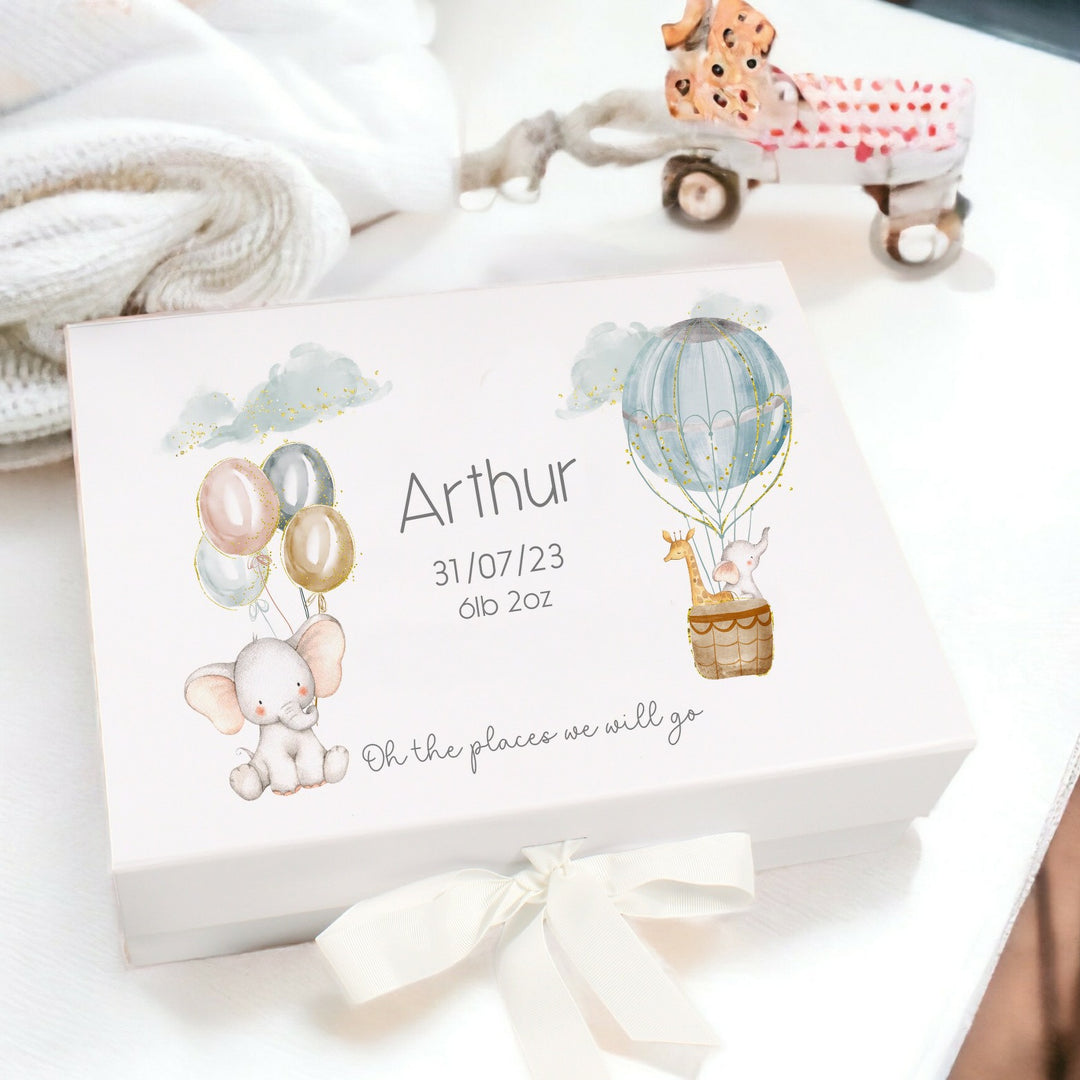 Personalised Blue Elephant Hotair Balloon Baby Box