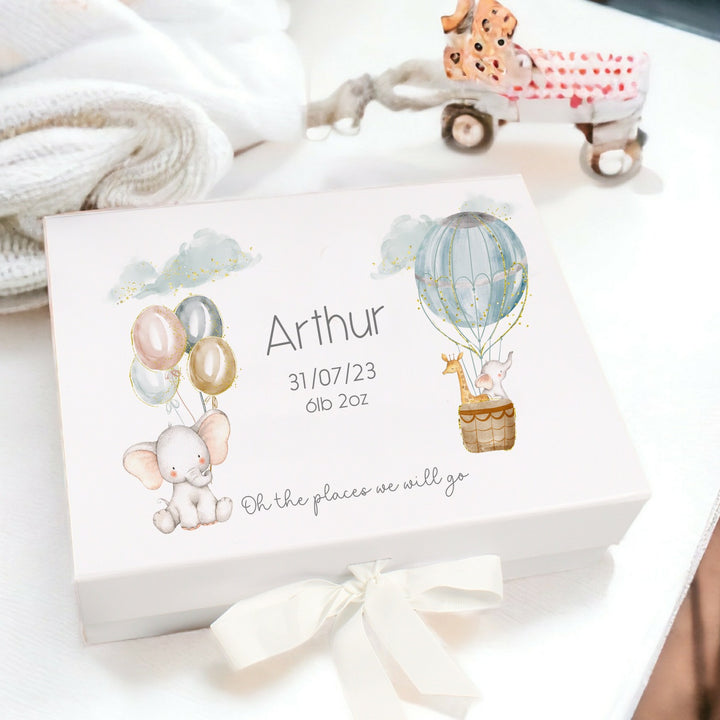 Personalised Blue Elephant Hotair Balloon Baby Box