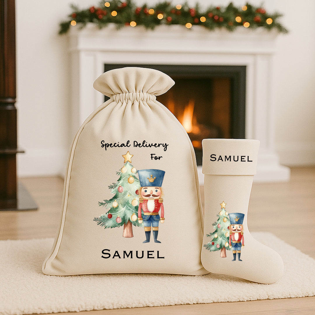 Personalised Blue Nutcracker Christmas Stocking or Santa Sack