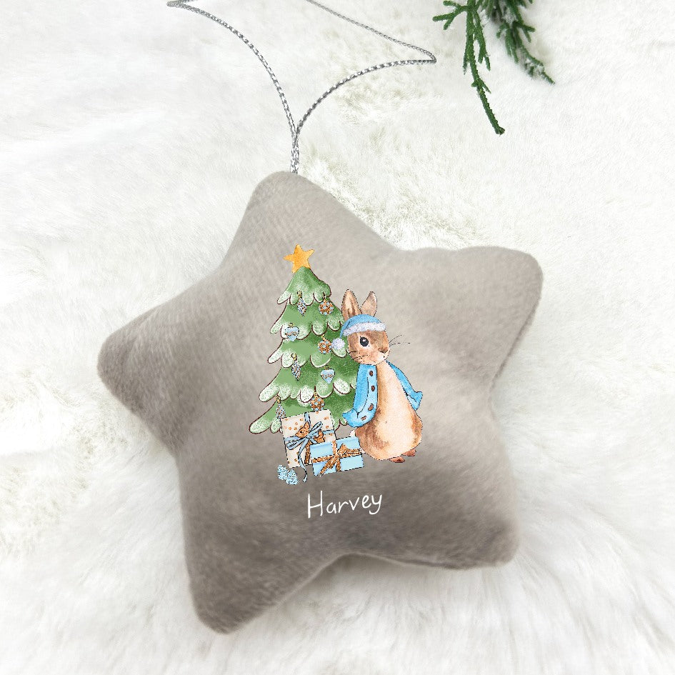 Personalised Blue Rabbit Tree Star Ornament | Pink, Blue, Grey and White
