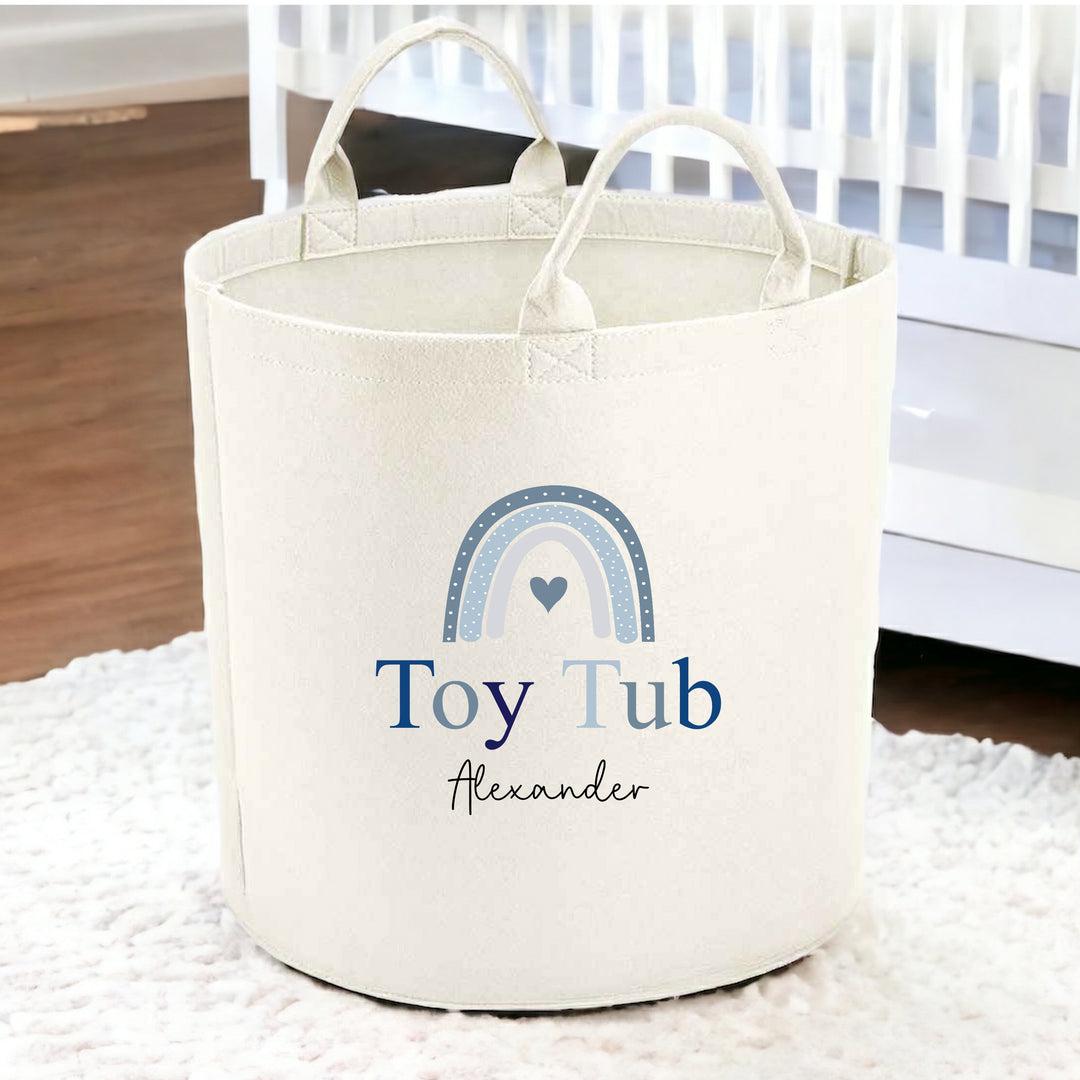 Personalised Dusky Blue Rainbow Toy Tub