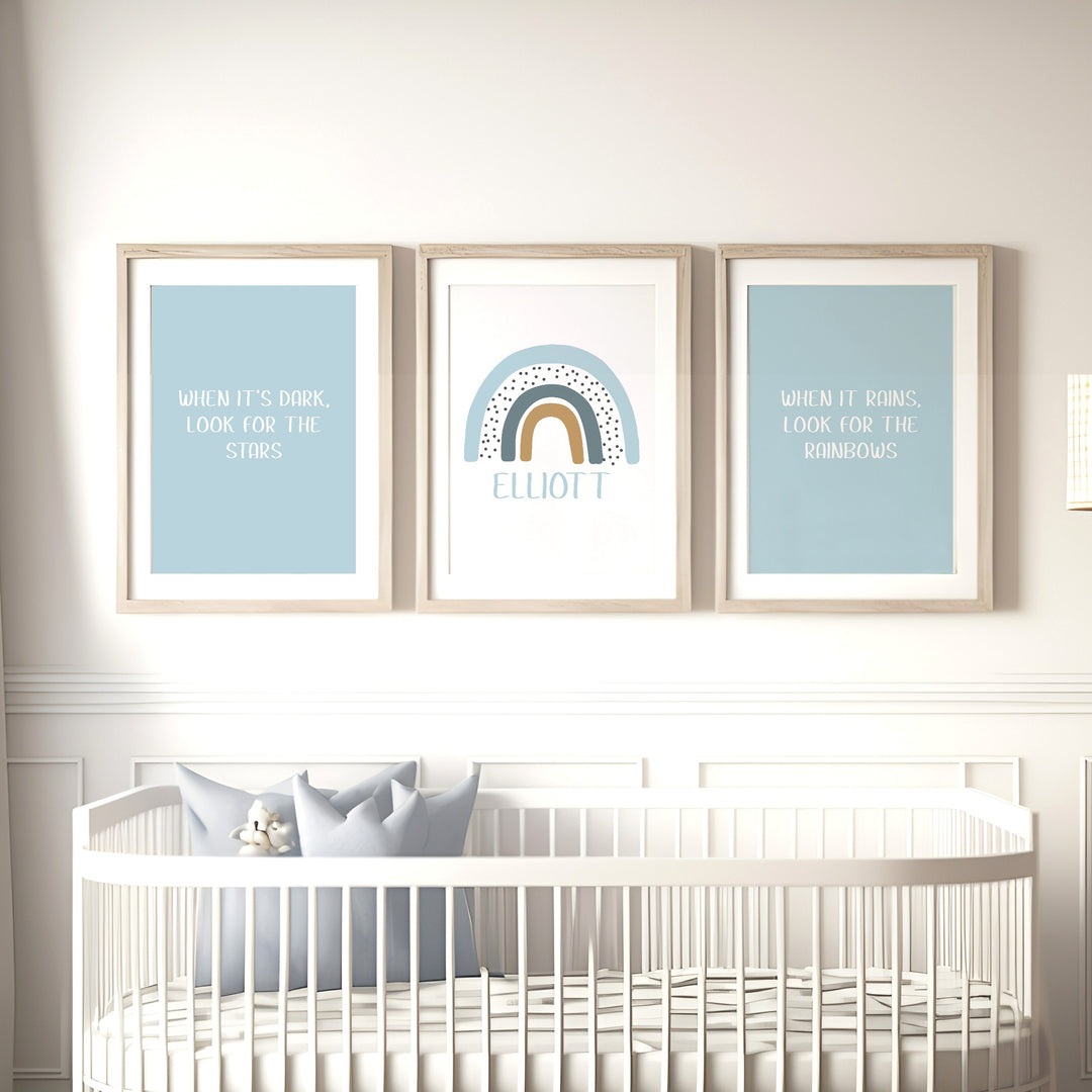 Personalised Blue Rainbow Set of 3 Wall Art