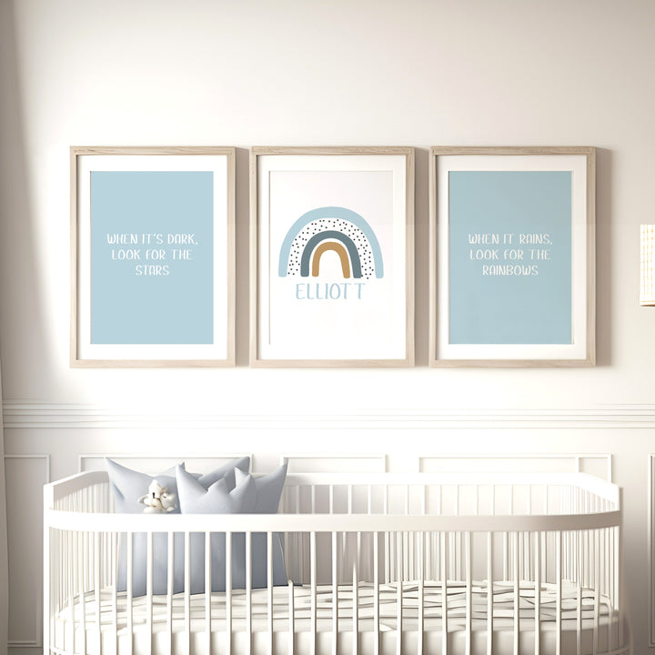 Personalised Blue Rainbow Set of 3 Wall Art