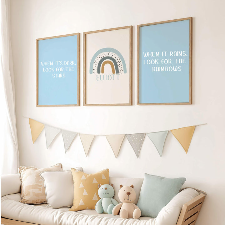 Personalised Blue Rainbow Set of 3 Wall Art
