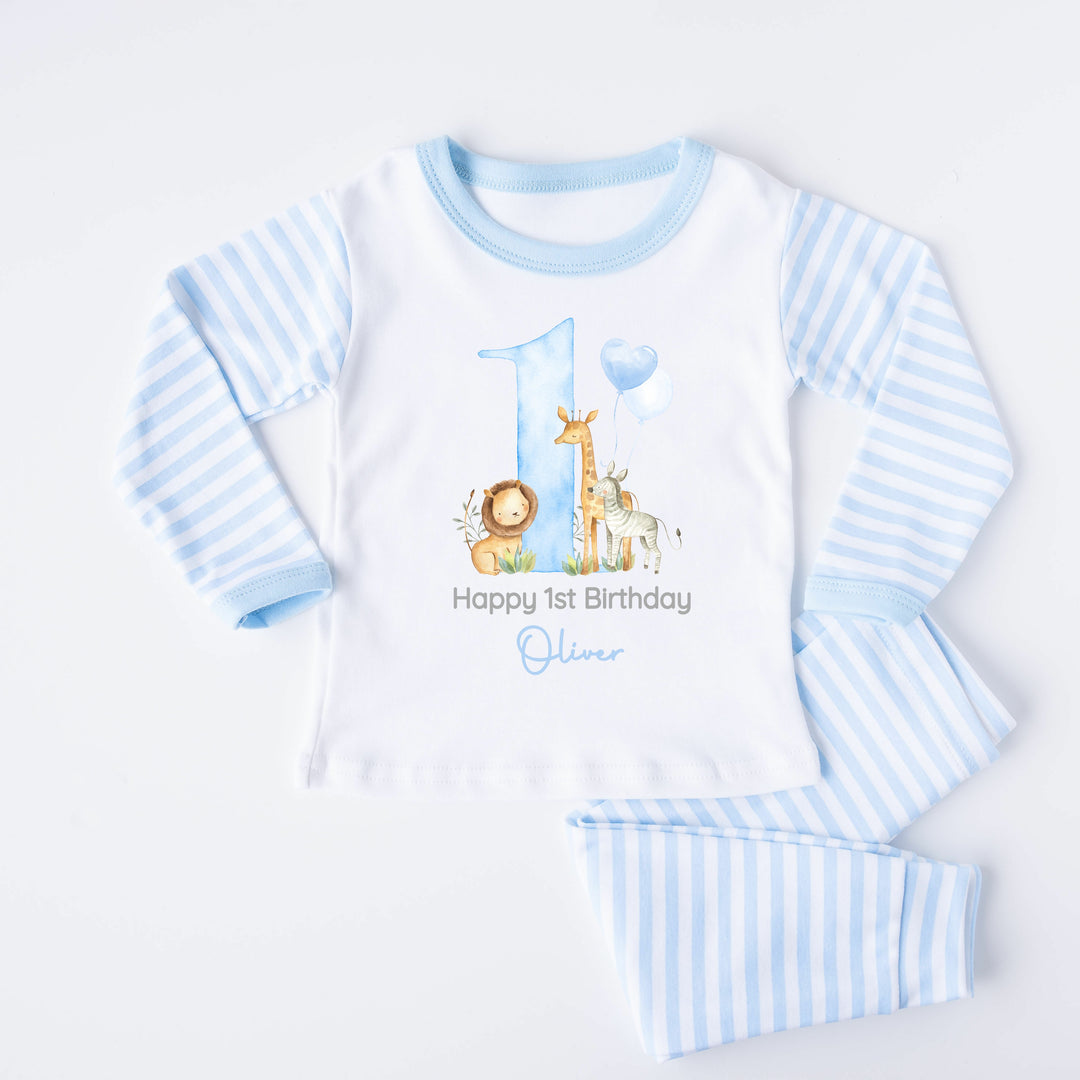 Personalised Jungle Safari Blue Stripe Boys Birthday Pyjamas