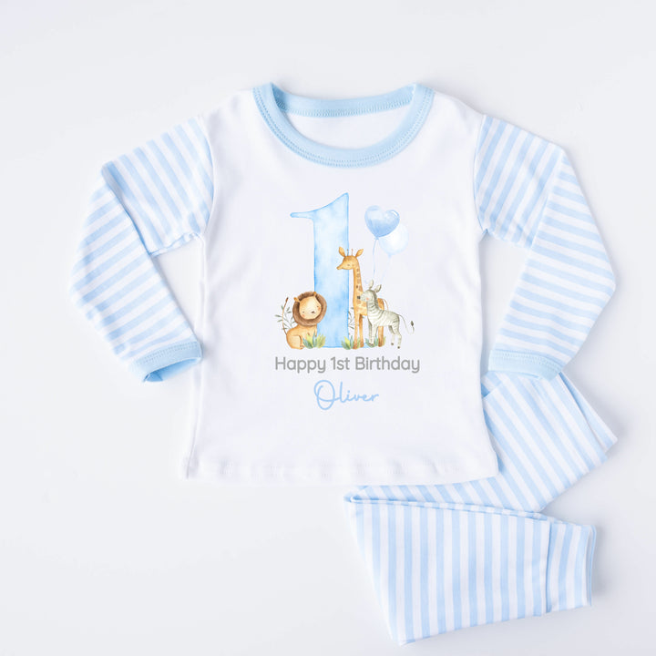 Personalised Jungle Safari Blue Stripe Boys Birthday Pyjamas