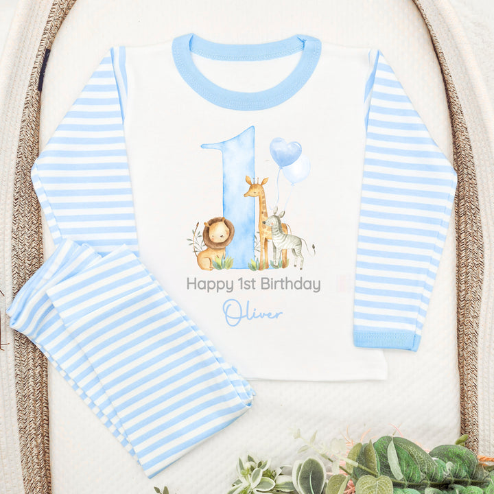 Personalised Jungle Safari Blue Stripe Boys Birthday Pyjamas