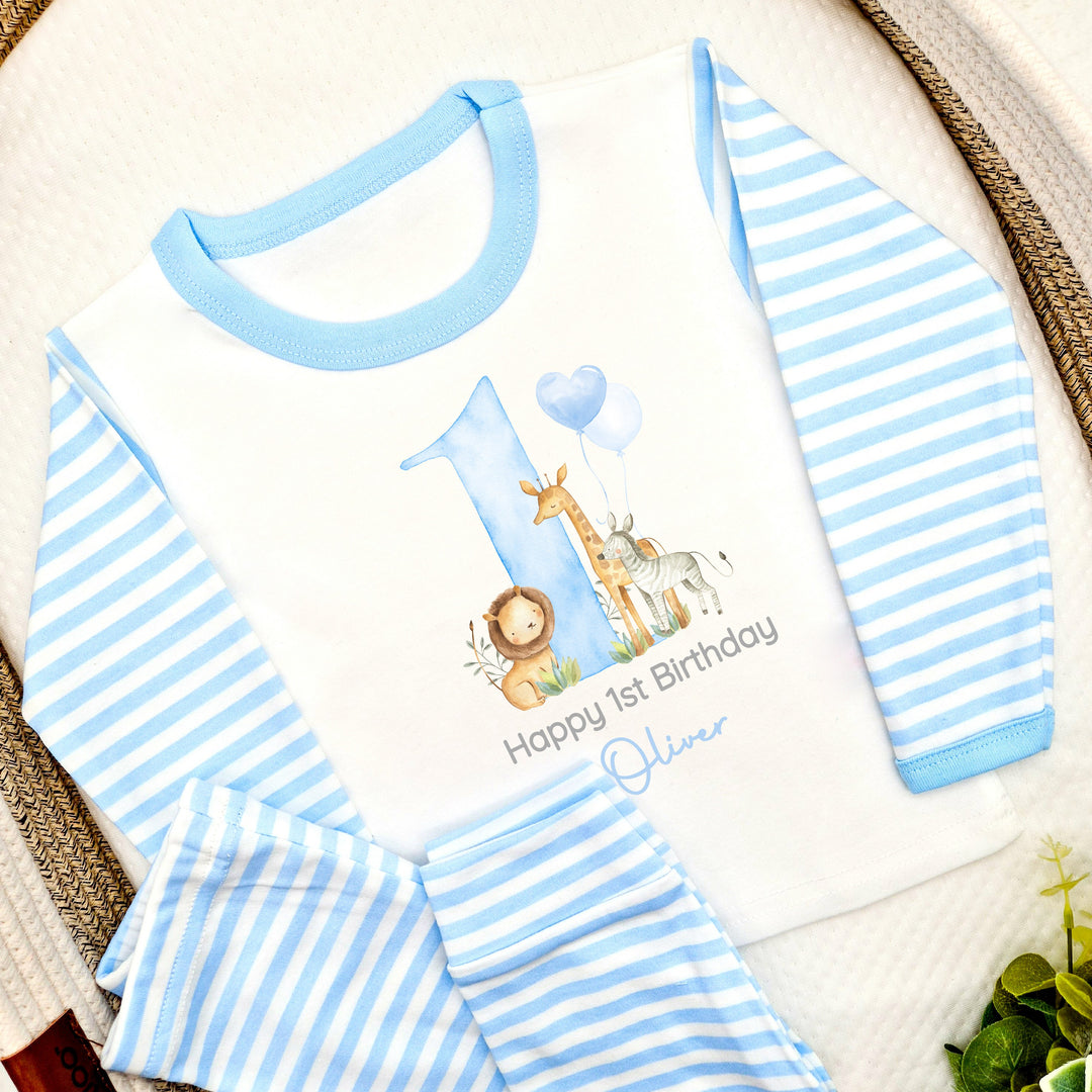 Personalised Jungle Safari Blue Stripe Boys Birthday Pyjamas