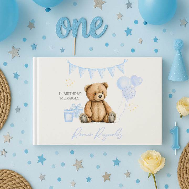 Personalised Blue Teddy Birthday Party Guest Book