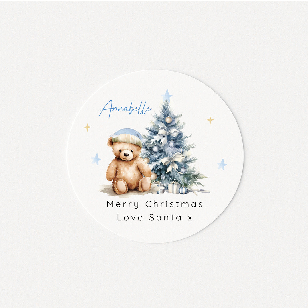 Personalised Blue Teddy Tree Christmas Stickers