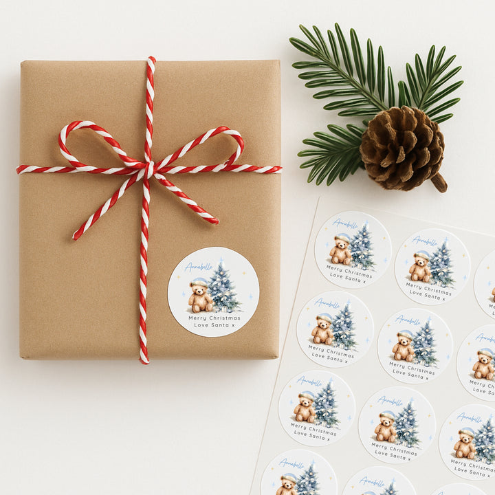 Personalised Blue Teddy Tree Christmas Stickers