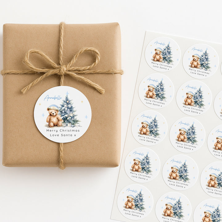 Personalised Blue Teddy Tree Christmas Stickers