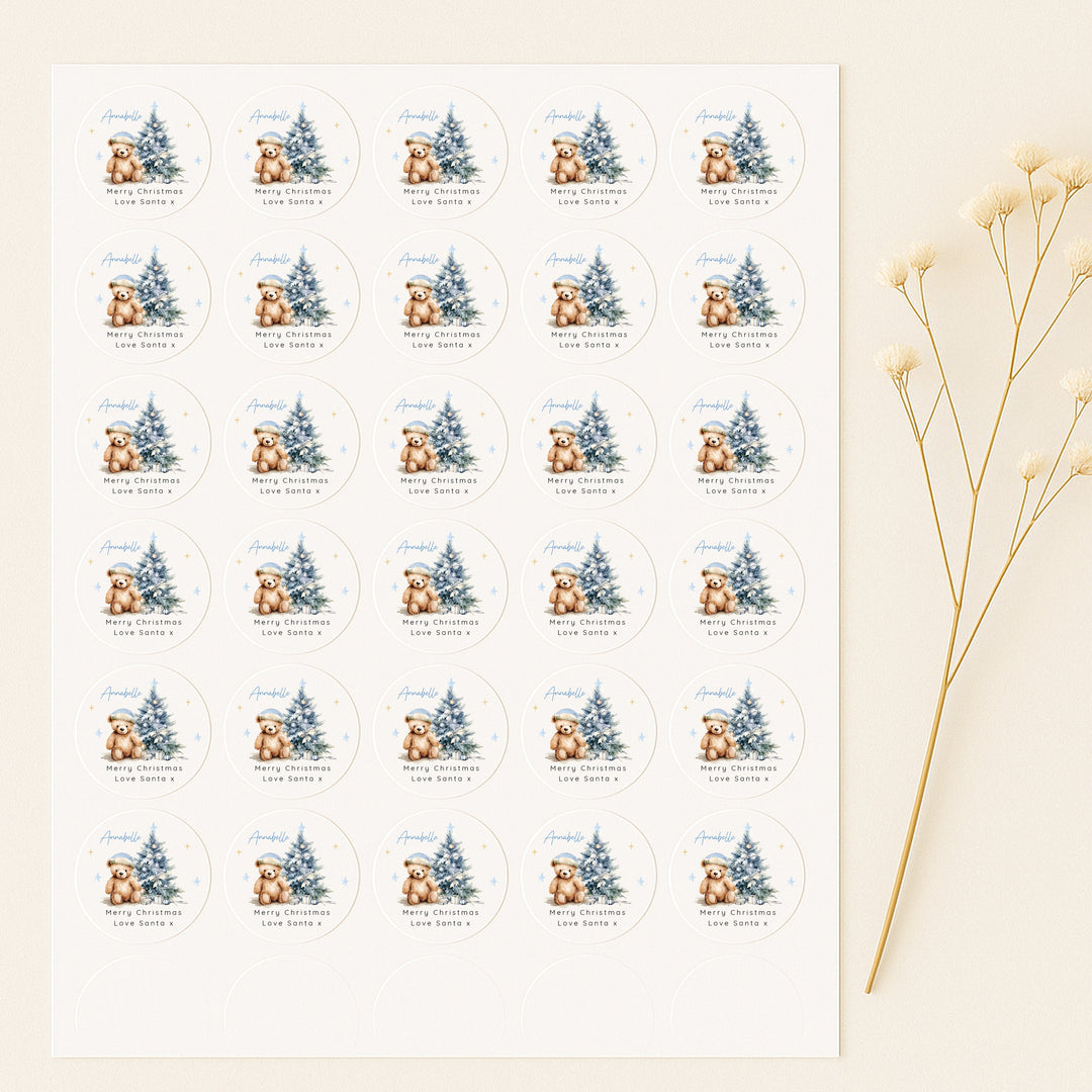 Personalised Blue Teddy Tree Christmas Stickers