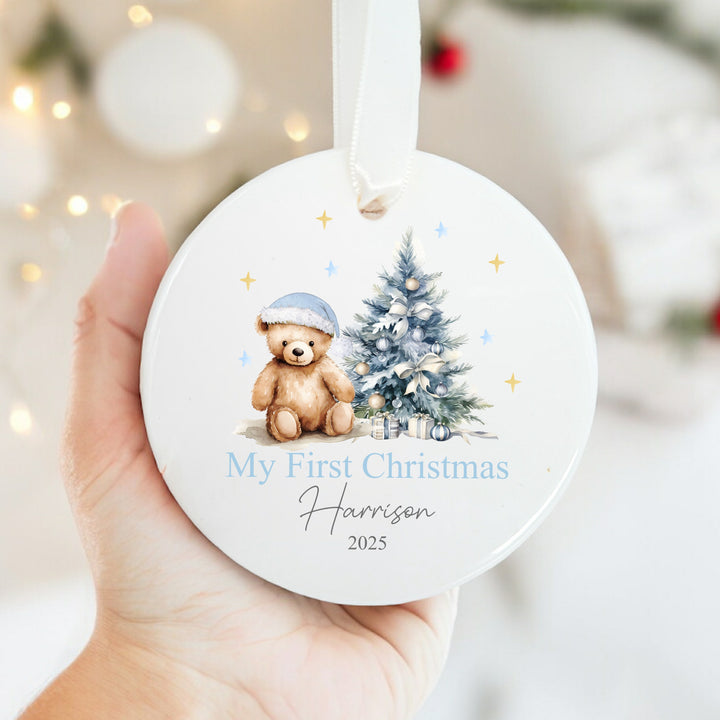 Personalised My First Christmas Blue Teddy Ceramic Ornament
