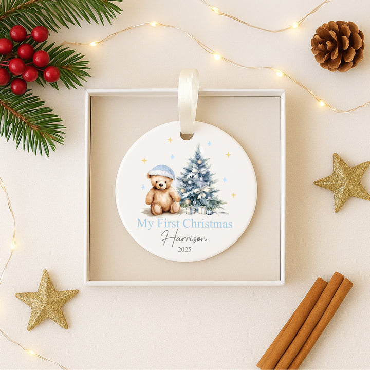 Personalised My First Christmas Blue Teddy Ceramic Ornament