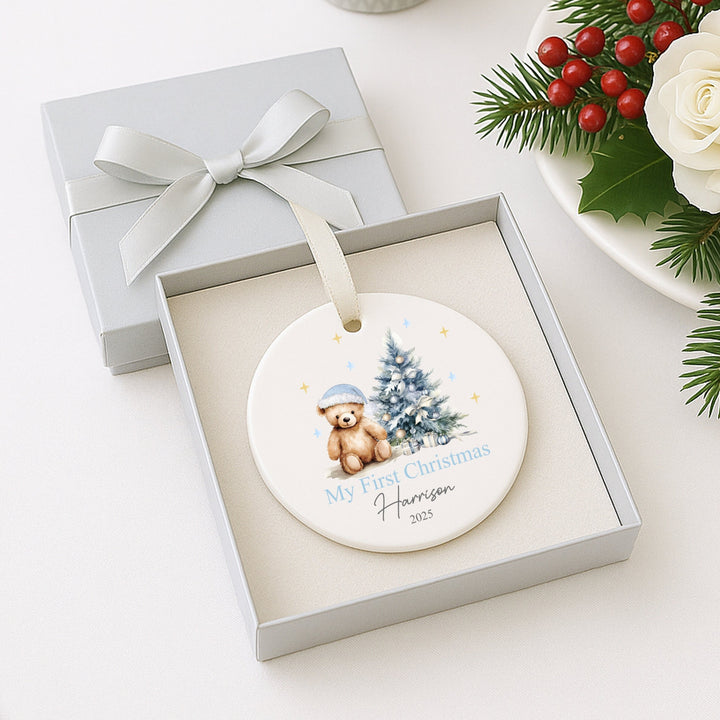Personalised My First Christmas Blue Teddy Ceramic Ornament