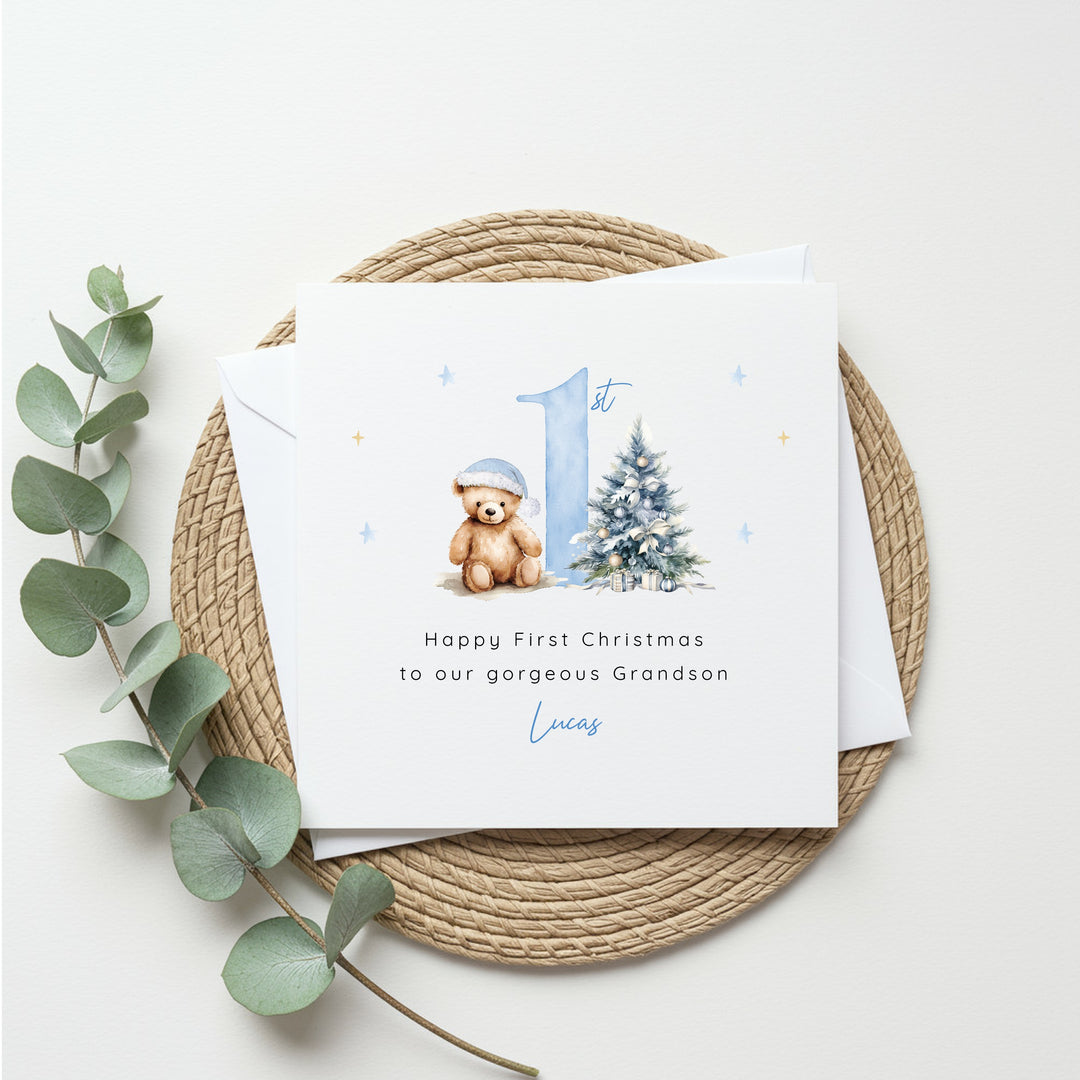 Personalised Blue Teddy Christmas Card