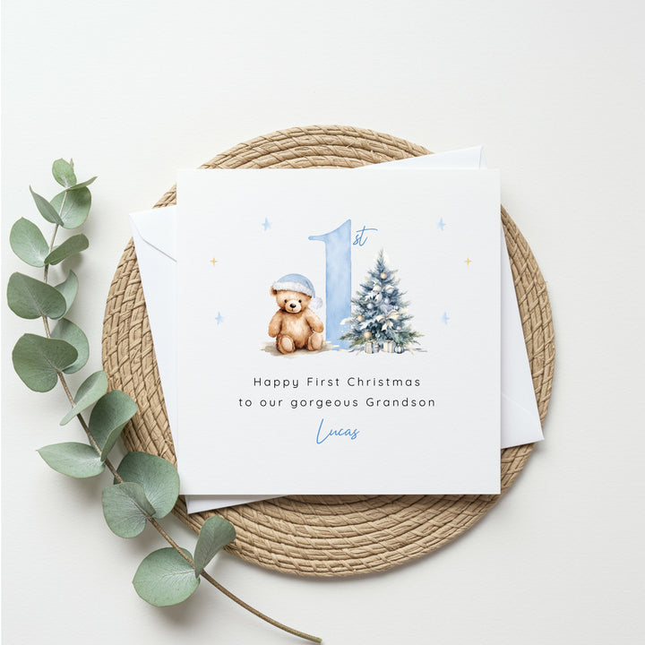 Personalised Blue Teddy Christmas Card