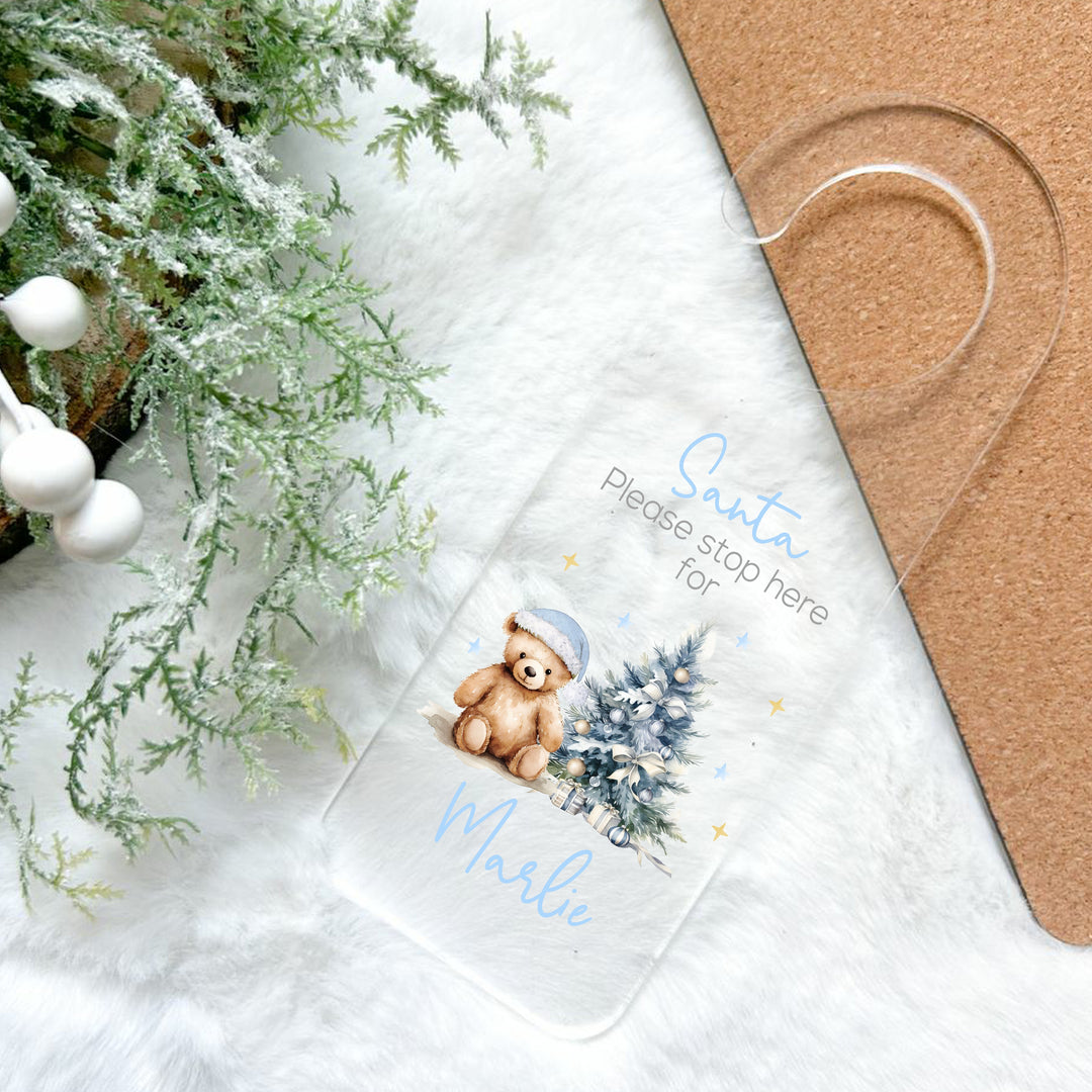 Personalised Blue Teddy Santa Stop Here Door Sign