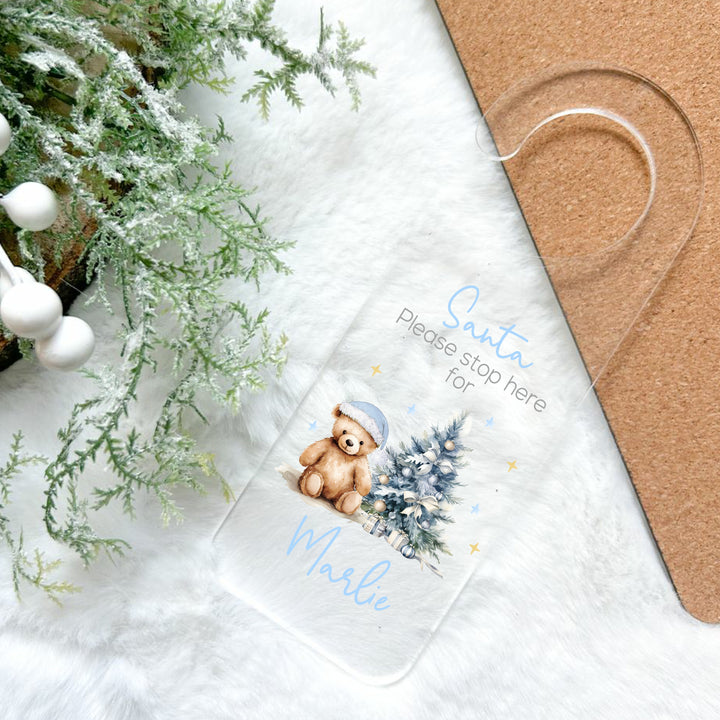Personalised Blue Teddy Santa Stop Here Door Sign