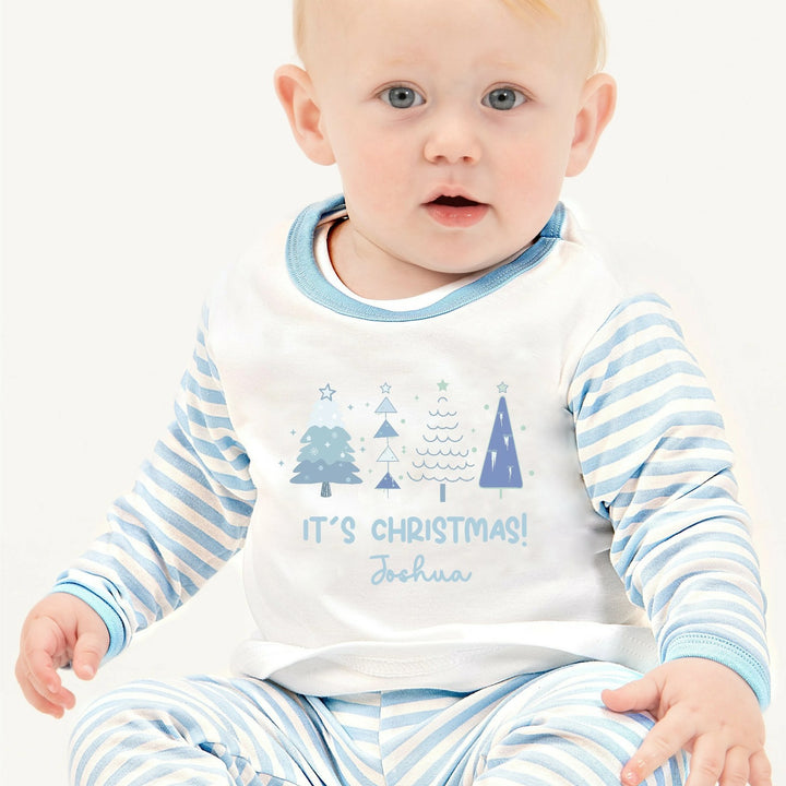 Personalised Blue Christmas Trees Blue Stripe Pyjamas