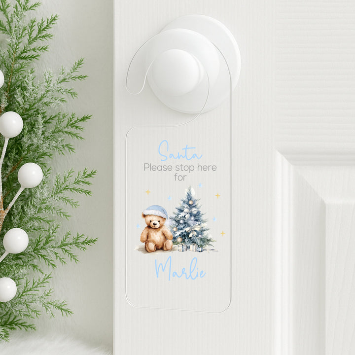 Personalised Blue Teddy Santa Stop Here Door Sign
