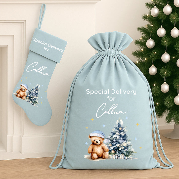 Personalised Blue Teddy Christmas Tree Blue Santa Sack or Stocking