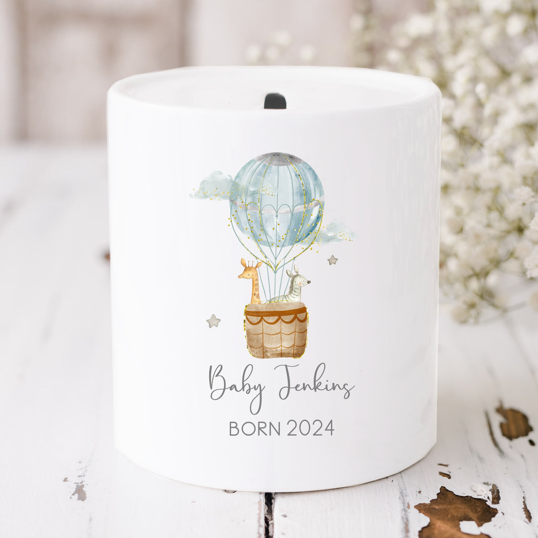 Personalised Blue Hot Air Balloon Ceramic Money Box