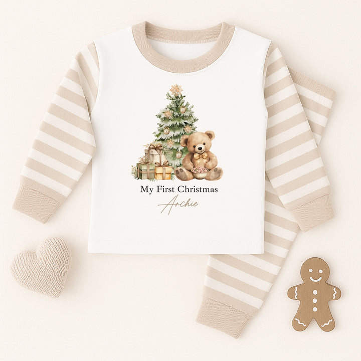 Personalised Brown Teddy Beige Stripe Christmas Pyjamas
