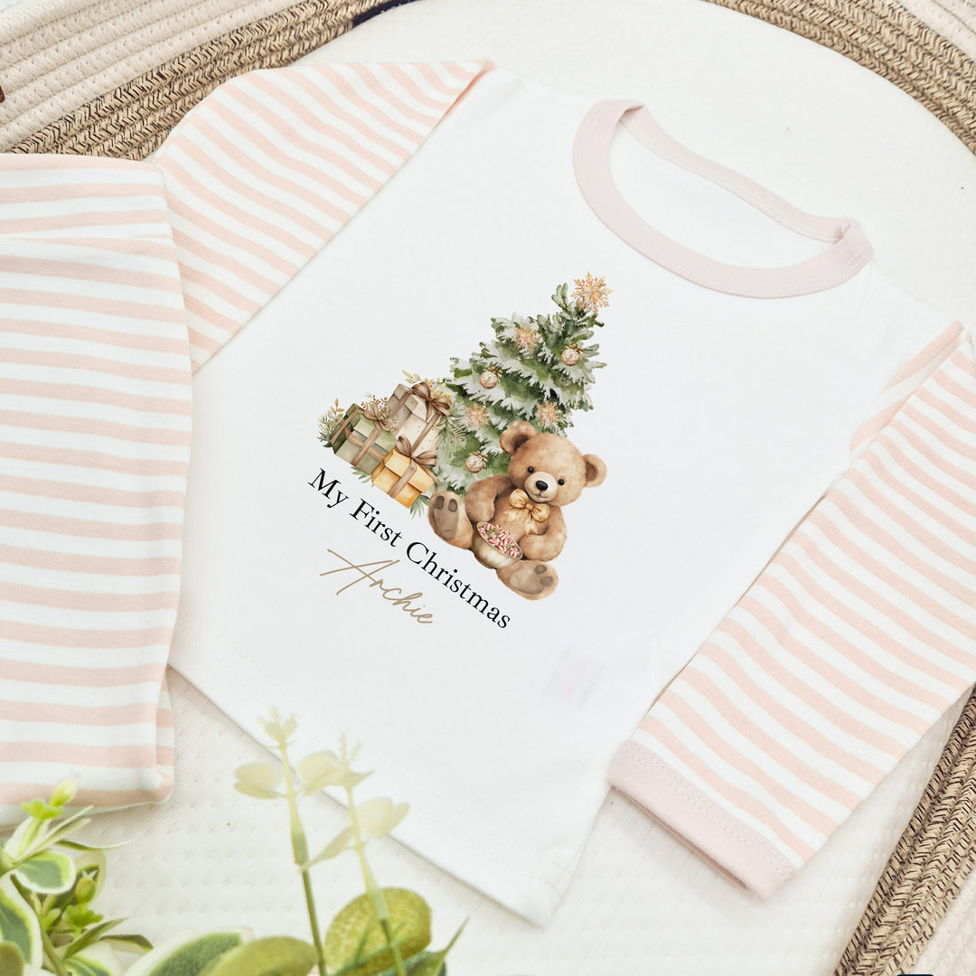 Personalised Brown Teddy Beige Stripe Christmas Pyjamas