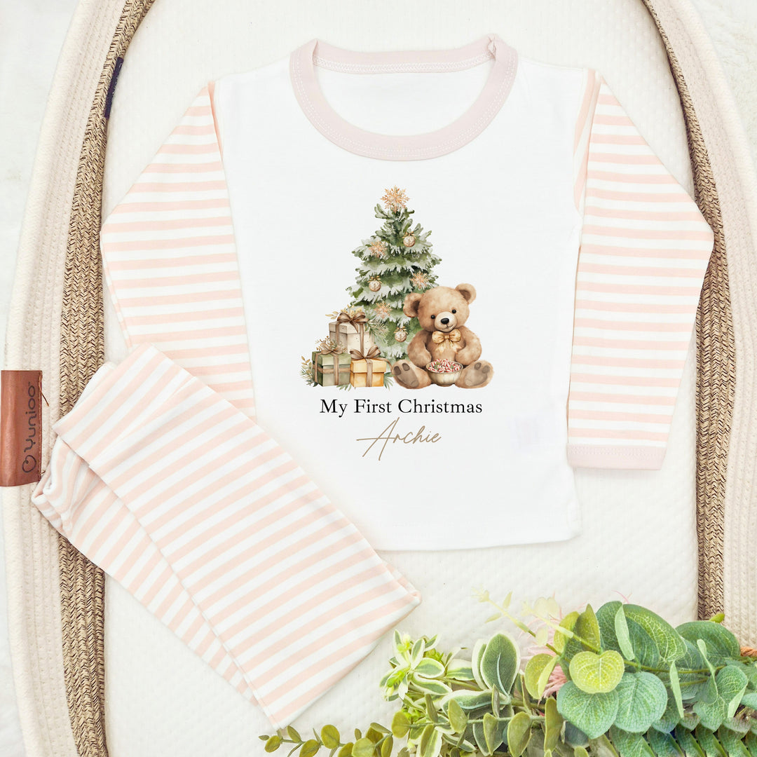 Personalised Brown Teddy Beige Stripe Christmas Pyjamas