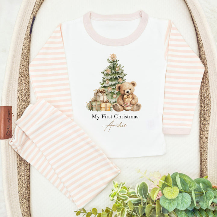 Personalised Brown Teddy Beige Stripe Christmas Pyjamas