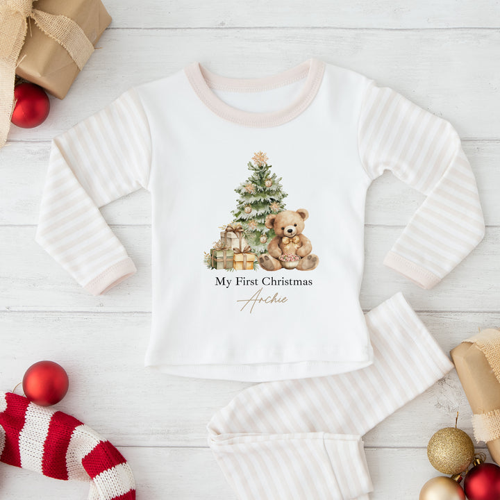 Personalised Brown Teddy Beige Stripe Christmas Pyjamas