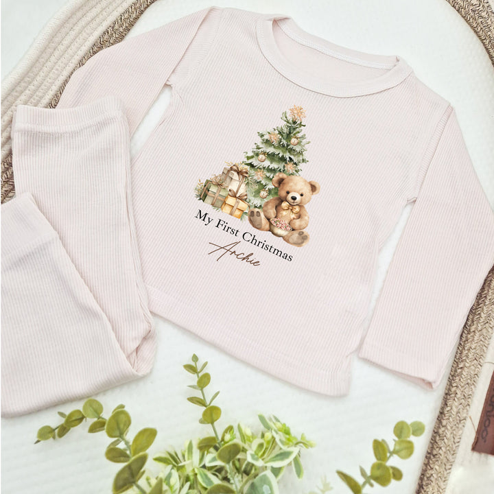 Personalised Beige Teddy Christmas Ribbed Loungewear
