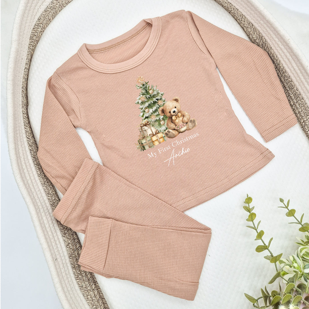 Personalised Beige Teddy Christmas Ribbed Loungewear