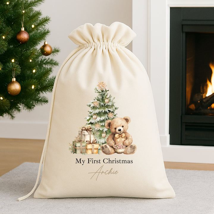 Personalised Beige Teddy Christmas Stocking or Santa Sack