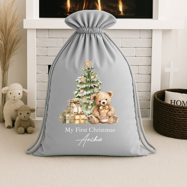 Personalised Beige Teddy Christmas Stocking or Santa Sack