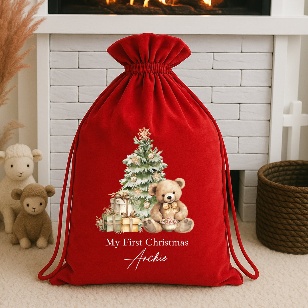 Personalised Beige Teddy Christmas Stocking or Santa Sack