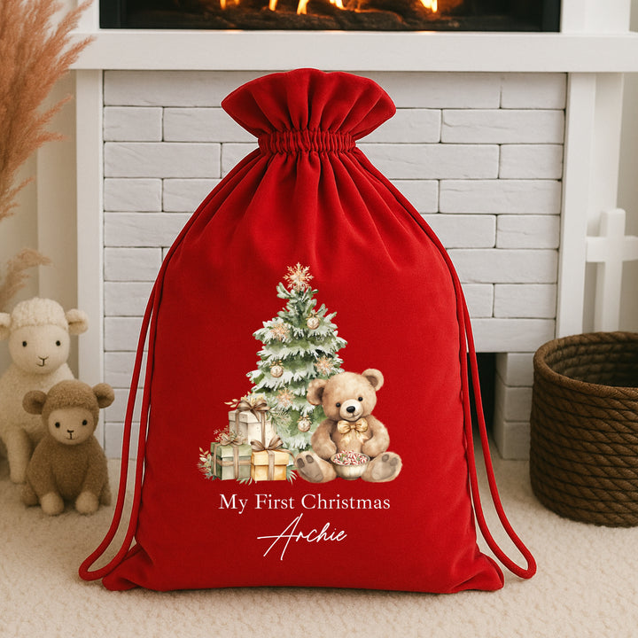 Personalised Beige Teddy Christmas Stocking or Santa Sack